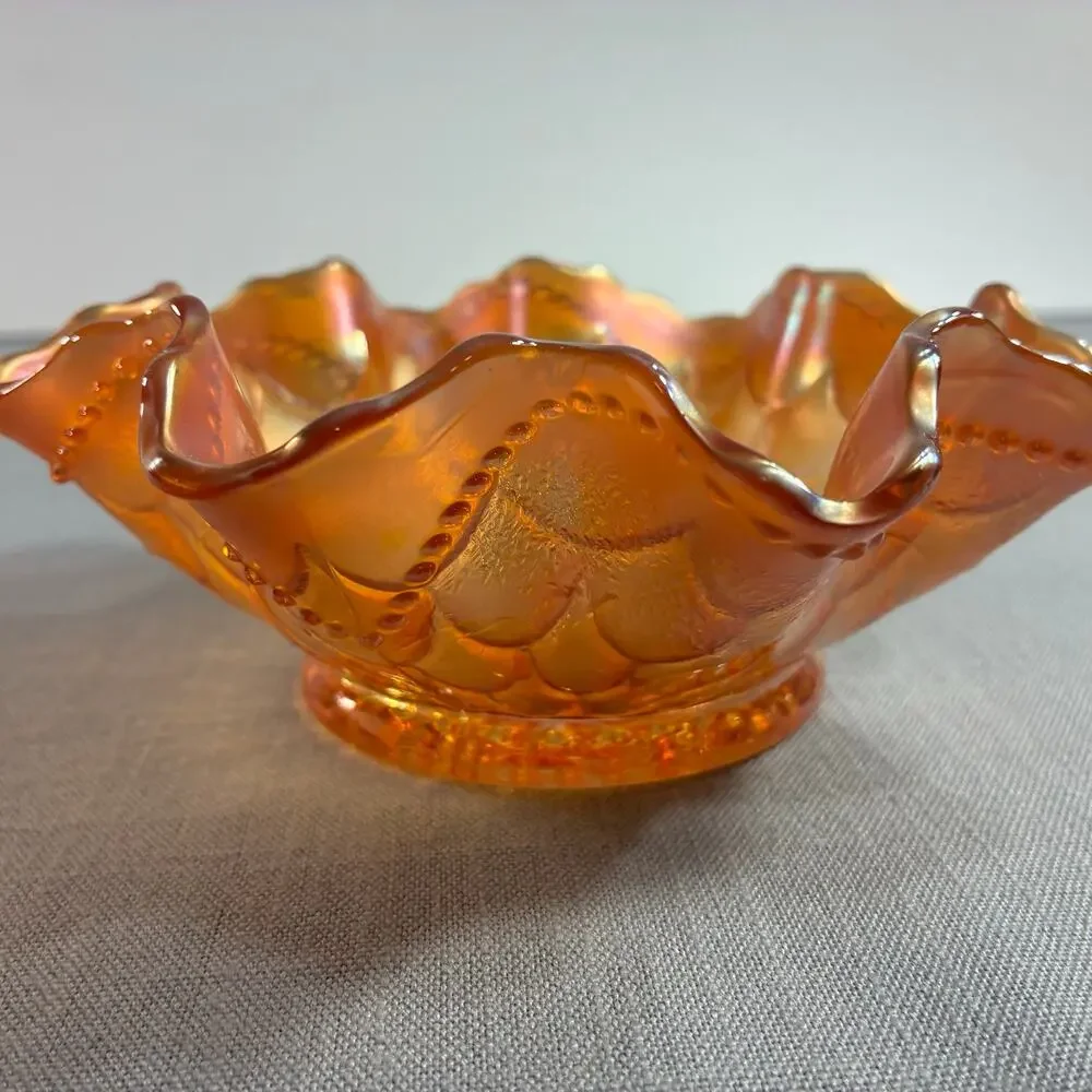 Vintage Marigold Carnival Glass Ruffled Bowl Petal Pattern 6.5 Inch